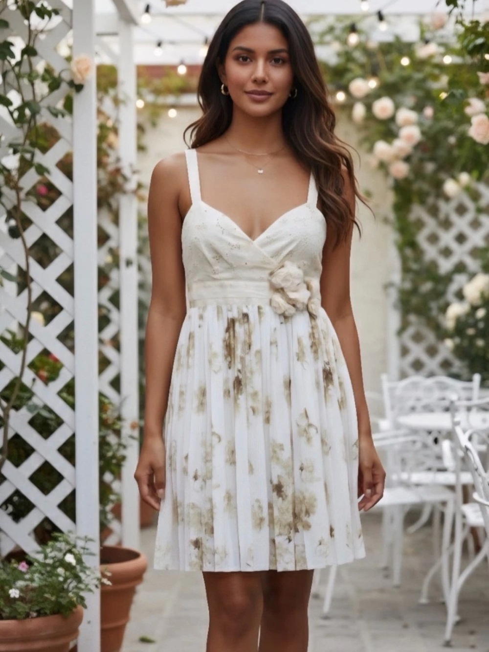 Anthropologie Deletta Ivory Floral Pleated Mini Dress with Rosette